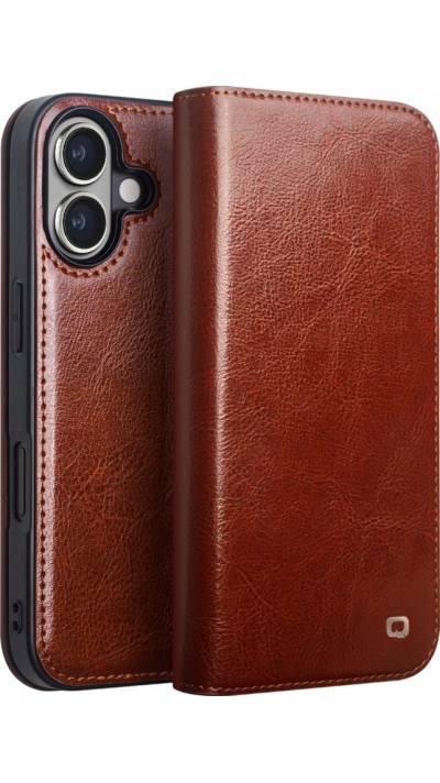 iPhone 16 Plus Case Hülle - Qialino Flip Classic Wallet Echtleder - Braun