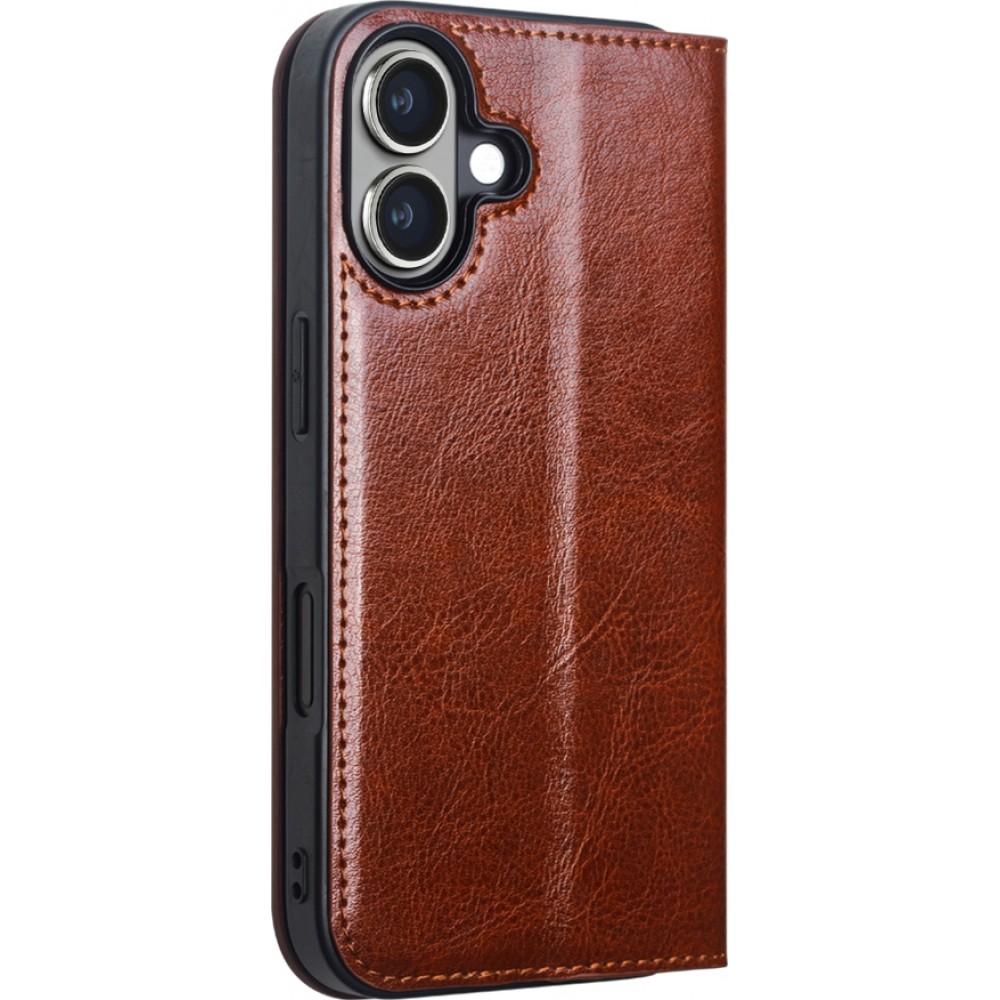 Fourre iPhone 16 - Flip Qialino Classic Wallet cuir véritable - Brun