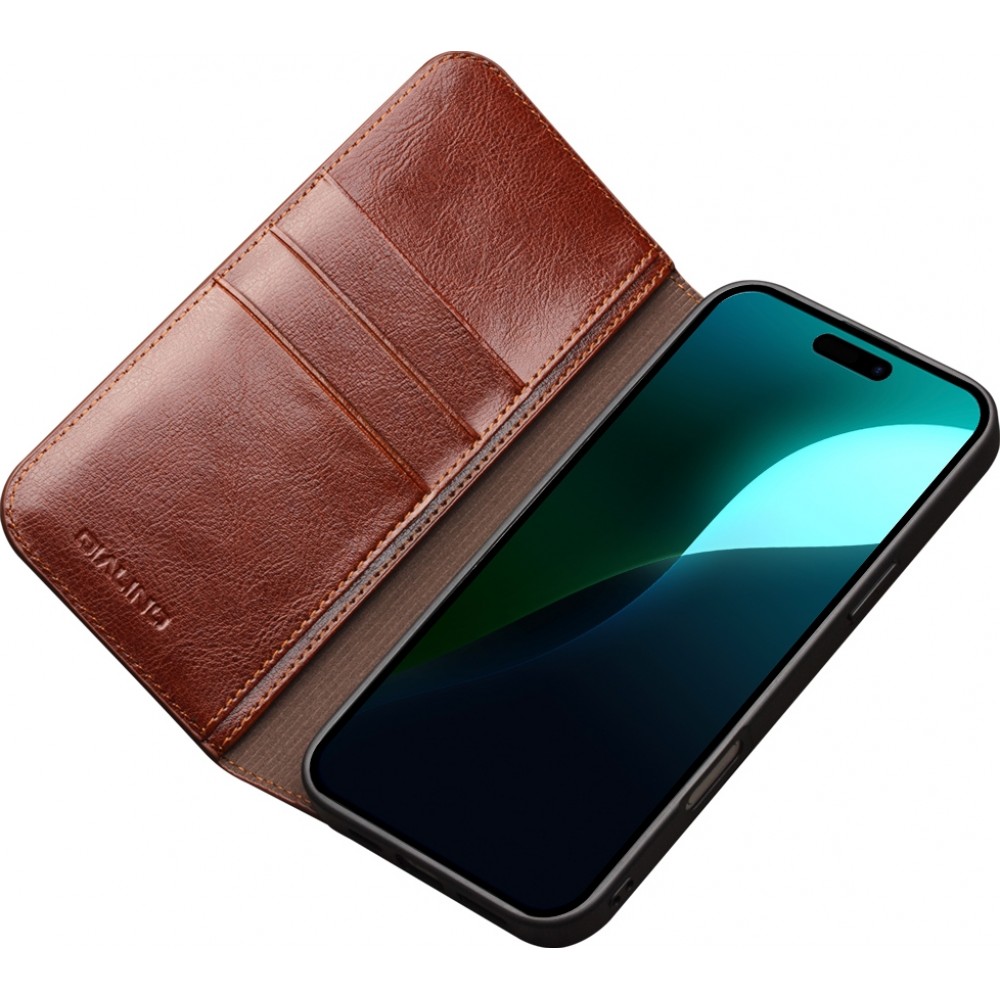 iPhone 16 Case Hülle - Qialino Flip Classic Wallet Echtleder - Braun