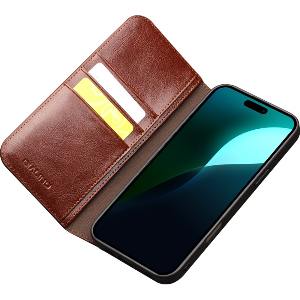 Fourre iPhone 16 - Flip Qialino Classic Wallet cuir véritable - Brun