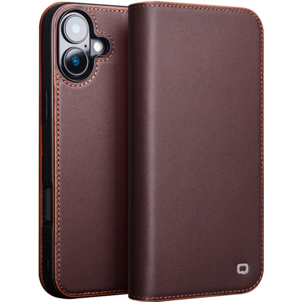 iPhone 16 Plus Case Hülle - Qialino Flip Matt Wallet Echtleder - Braun