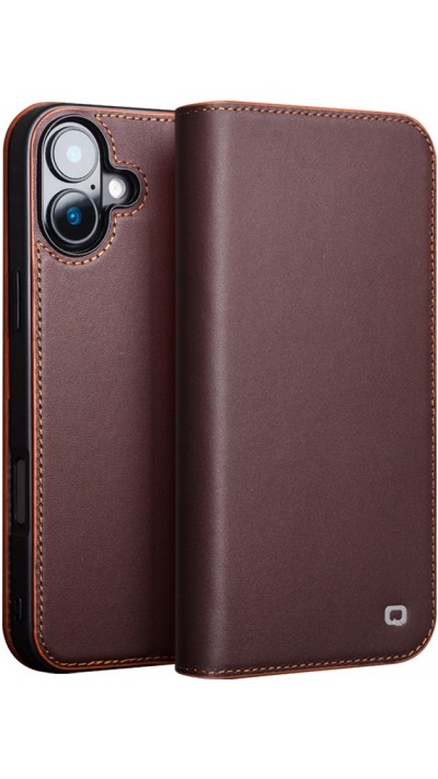 iPhone 16 Plus Case Hülle - Qialino Flip Matt Wallet Echtleder - Braun