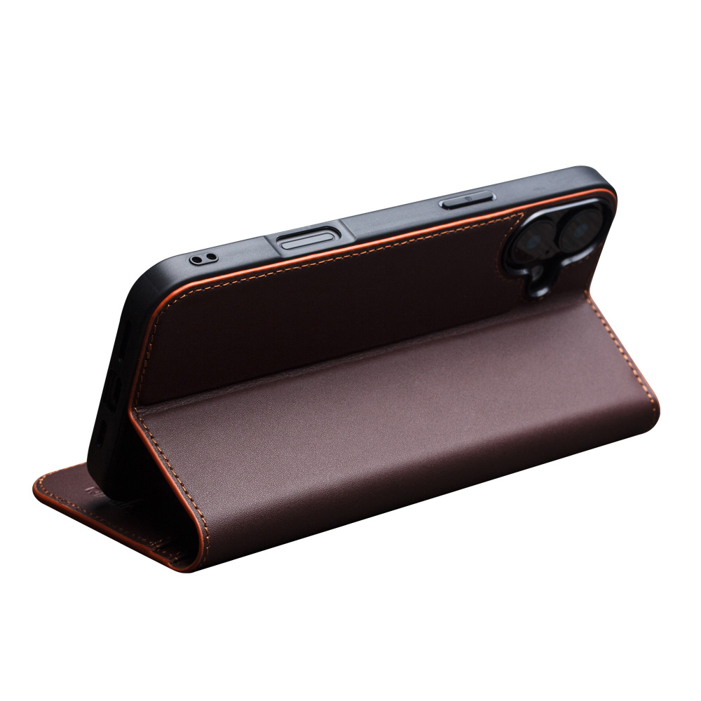 Fourre iPhone 16 - Flip Qialino Matt Wallet cuir véritable - Brun