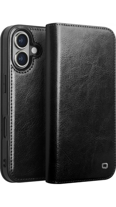 iPhone 16 Plus Case Hülle - Qialino Flip Classic Wallet Echtleder - Schwarz