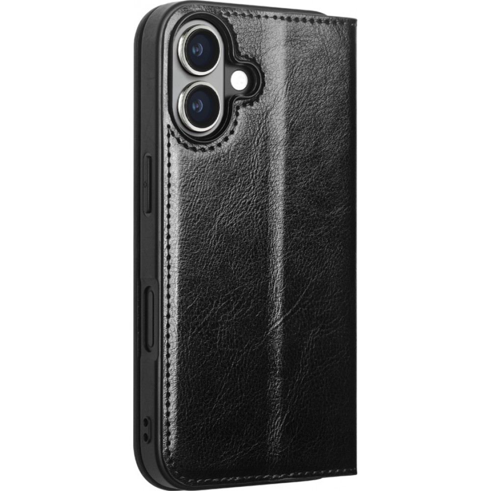 iPhone 16 Case Hülle - Qialino Flip Classic Wallet Echtleder - Schwarz