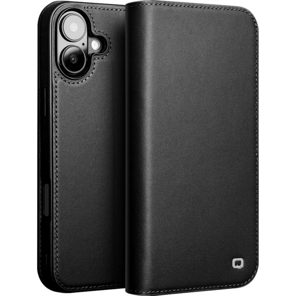 iPhone 16 Plus Case Hülle - Qialino Flip Matt Wallet Echtleder - Schwarz