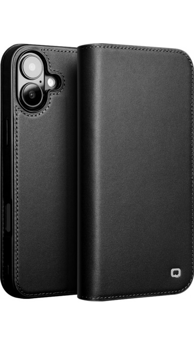 Fourre iPhone 16 - Flip Qialino Matt Wallet cuir véritable - Noir