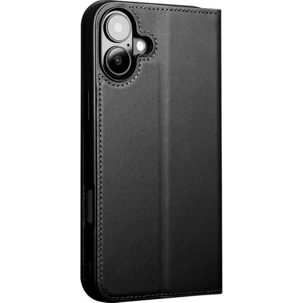 iPhone 16 Plus Case Hülle - Qialino Flip Matt Wallet Echtleder - Schwarz