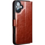 Fourre iPhone 16 - Flip Qialino cuir véritable avec fermeture magnétique - Brun