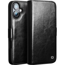 Fourre iPhone 16 Plus - Flip Qialino cuir véritable avec fermeture magnétique - Noir