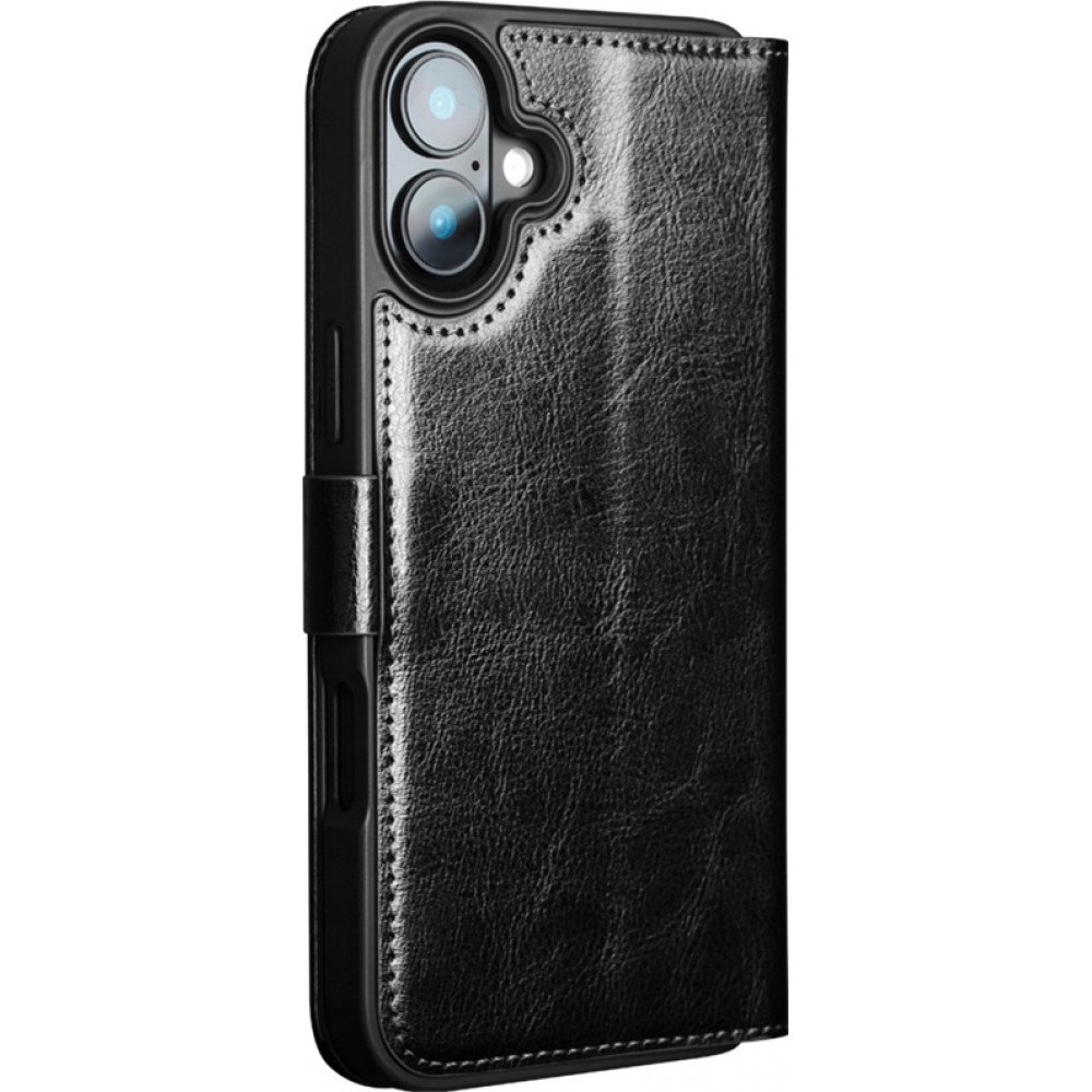 Fourre iPhone 16 Plus - Flip Qialino cuir véritable avec fermeture magnétique - Noir