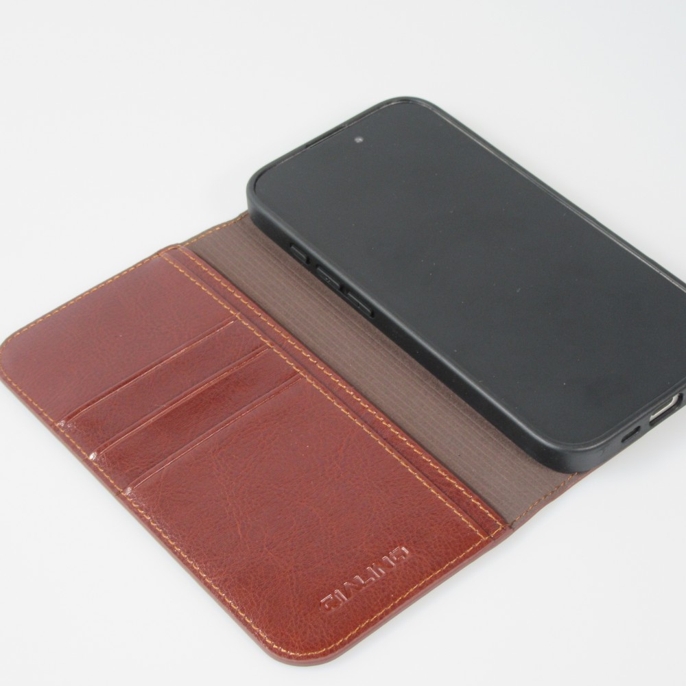 Fourre iPhone 16 Plus - Flip Qialino Classic Wallet cuir véritable - Brun