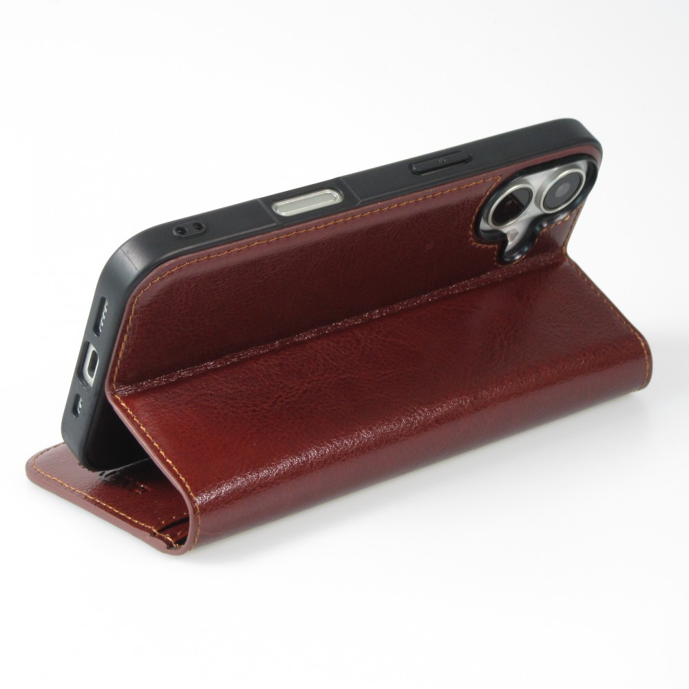 Fourre iPhone 16 Plus - Flip Qialino Classic Wallet cuir véritable - Brun