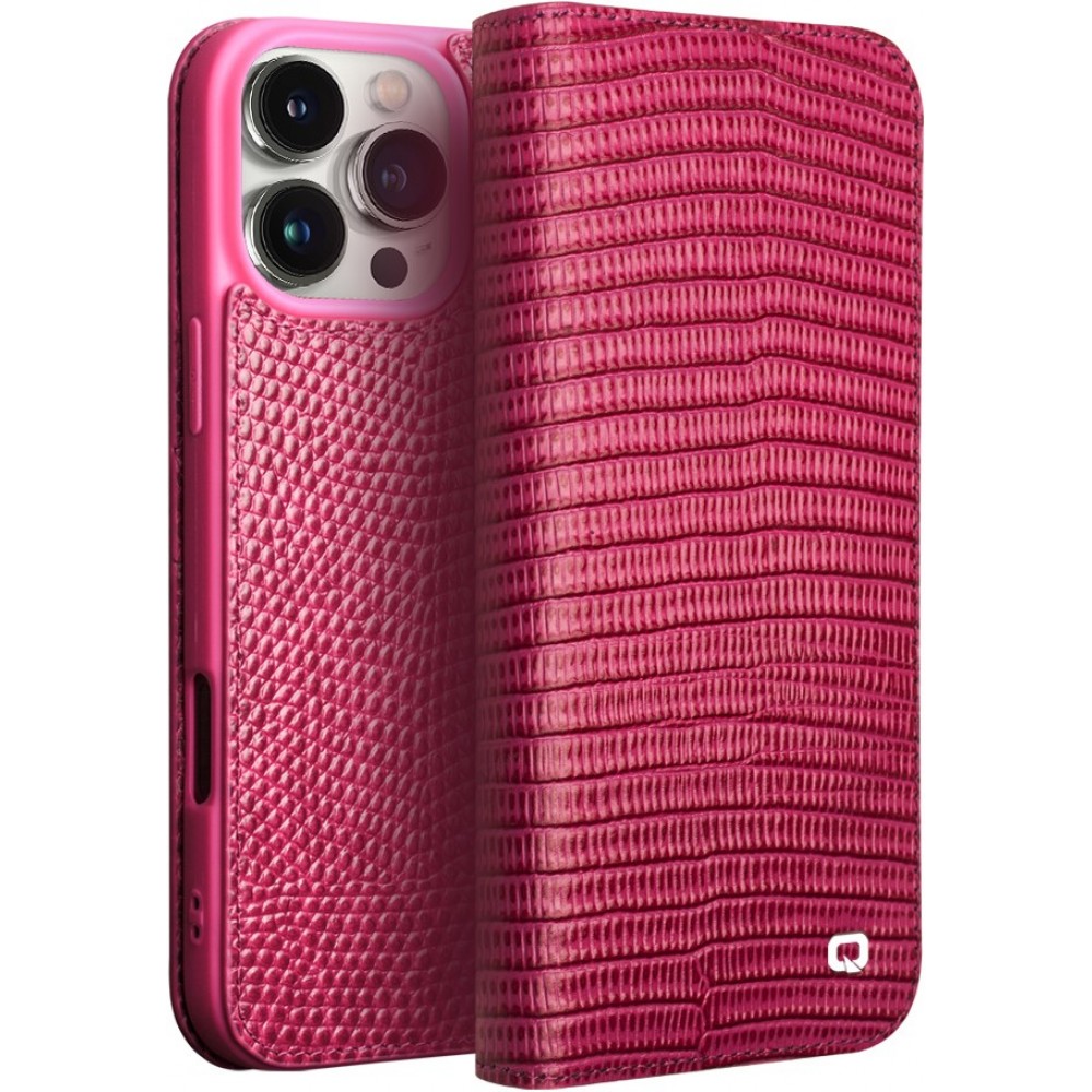 iPhone 16 Pro Case Hülle - Qialino Croco Flip Echtleder - Rosa