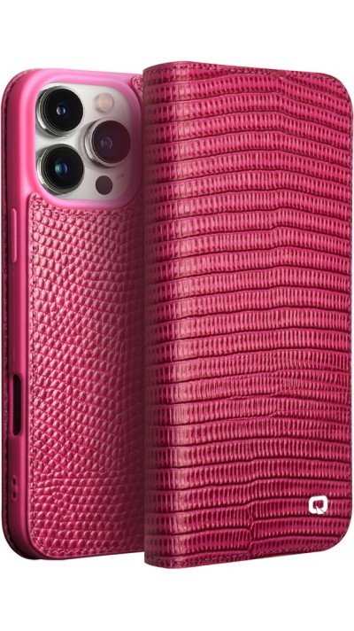 Fourre iPhone 16 Pro Max - Flip Croco Qialino cuir véritable - Rose