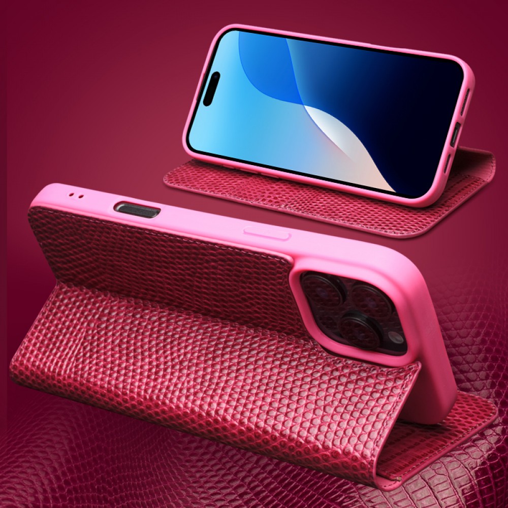 iPhone 16 Pro Case Hülle - Qialino Croco Flip Echtleder - Rosa