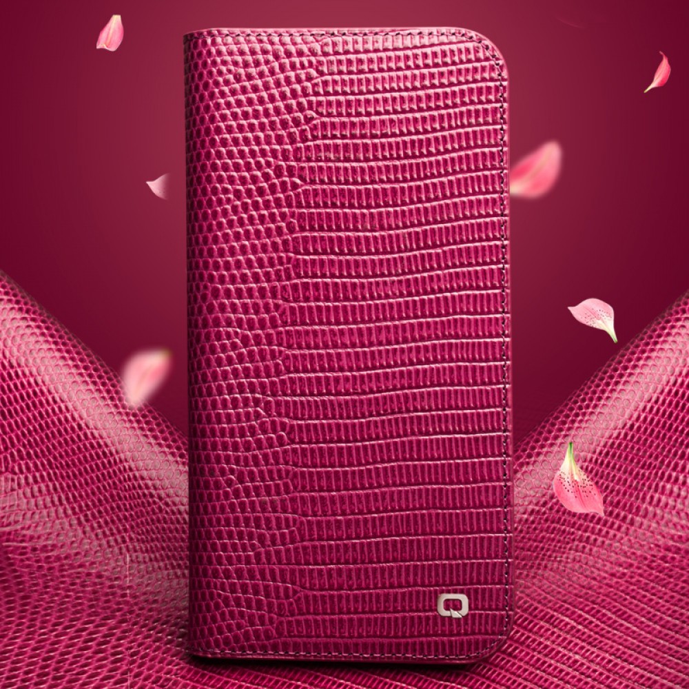 iPhone 16 Pro Case Hülle - Qialino Croco Flip Echtleder - Rosa