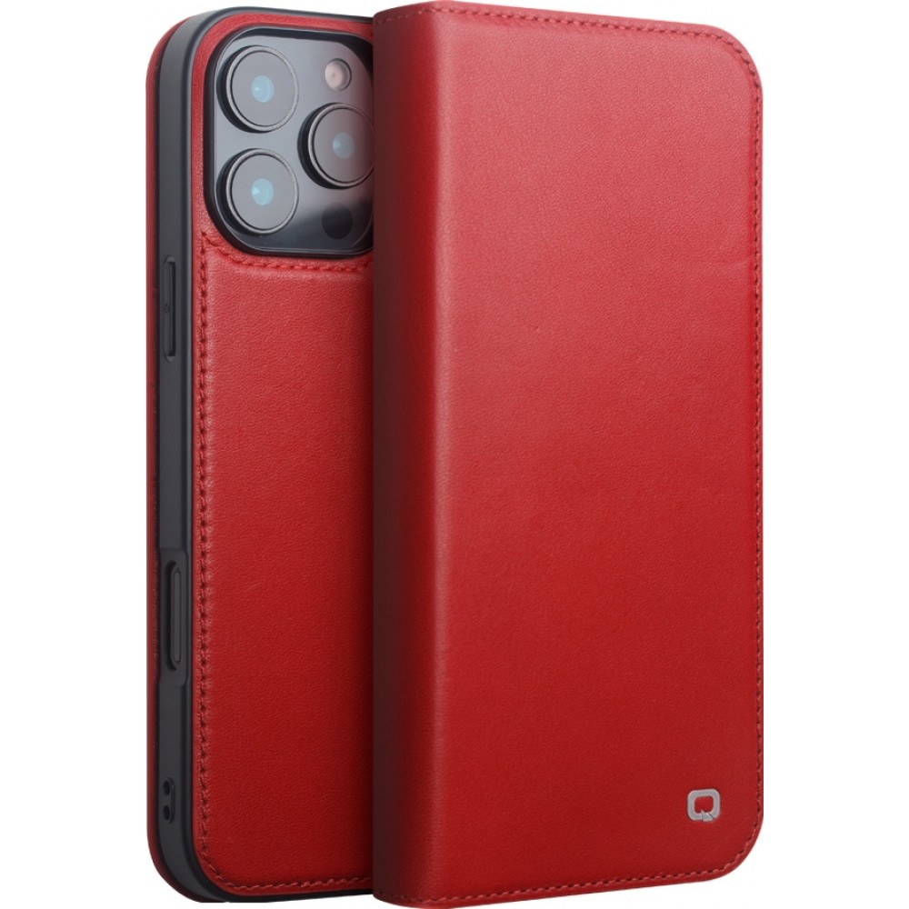 iPhone 16 Pro Case Hülle - Qialino Flip Matt Wallet Echtleder - Rot