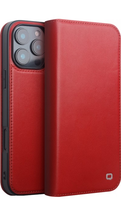 Fourre iPhone 16 Pro - Flip Qialino Matt Wallet cuir véritable - Rouge