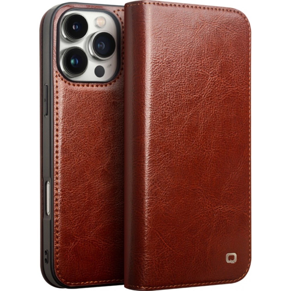 Fourre iPhone 16 Pro Max - Flip Qialino Classic Wallet cuir véritable - Brun