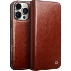 iPhone 16 Pro Case Hülle - Qialino Flip Classic Wallet Echtleder - Braun