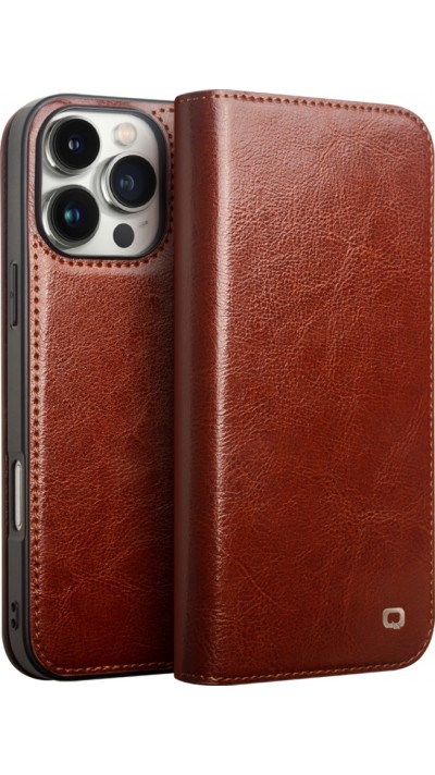 Fourre iPhone 16 Pro - Flip Qialino Classic Wallet cuir véritable - Brun