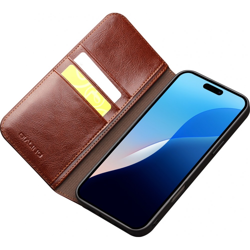 iPhone 16 Pro Case Hülle - Qialino Flip Classic Wallet Echtleder - Braun