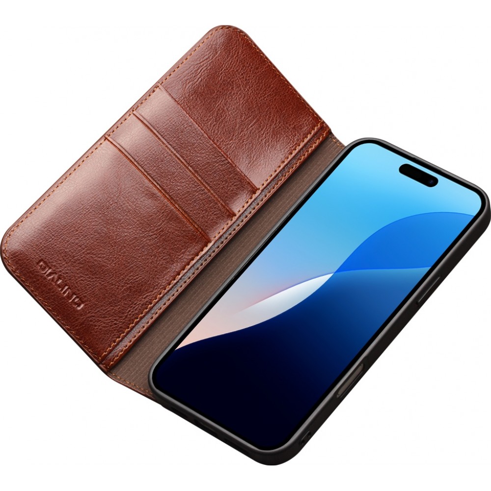 Fourre iPhone 16 Pro Max - Flip Qialino Classic Wallet cuir véritable - Brun