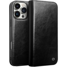 iPhone 16 Pro Case Hülle - Qialino Flip Classic Wallet Echtleder - Schwarz