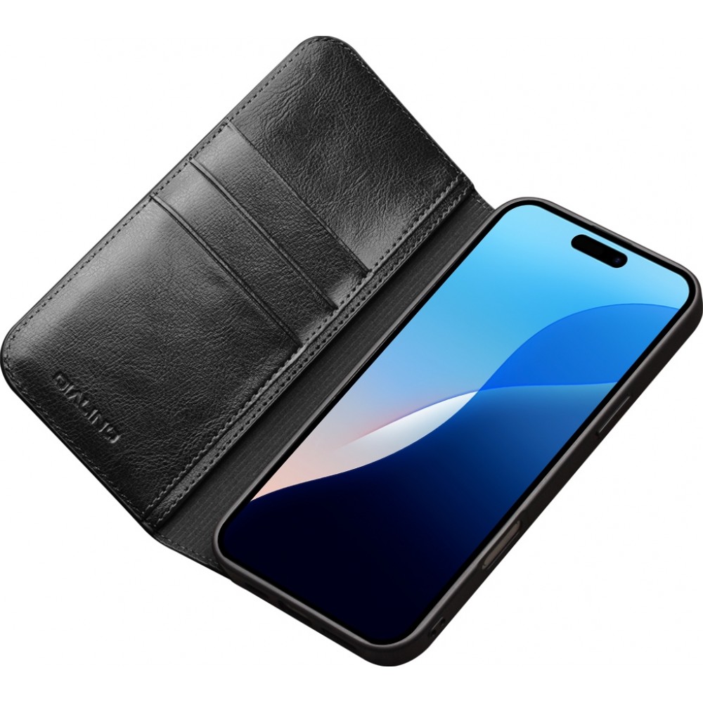 iPhone 16 Pro Max Case Hülle - Qialino Flip Classic Wallet Echtleder - Schwarz