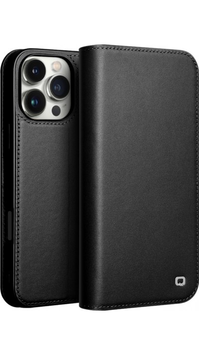 iPhone 16 Pro Max Case Hülle - Qialino Flip Matt Wallet Echtleder - Schwarz