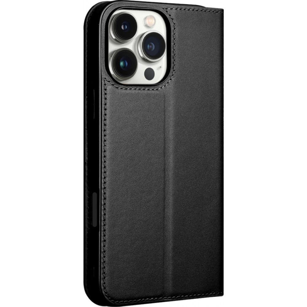 iPhone 16 Pro Max Case Hülle - Qialino Flip Matt Wallet Echtleder - Schwarz