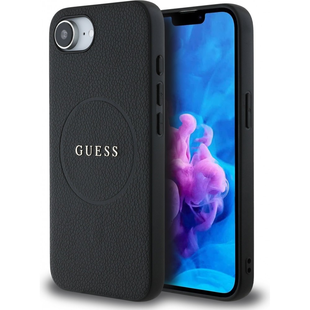 Coque iPhone 16e - Guess Classic Logo MagSafe en cuir grainé - Noir