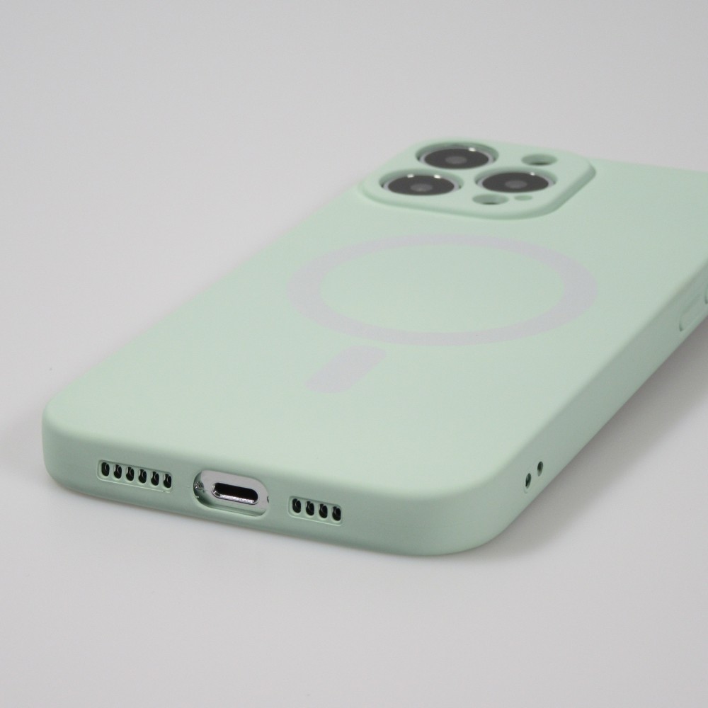 Housse iPhone 15 Plus - Coque en silicone souple avec MagSafe et protection pour caméra - Vert clair