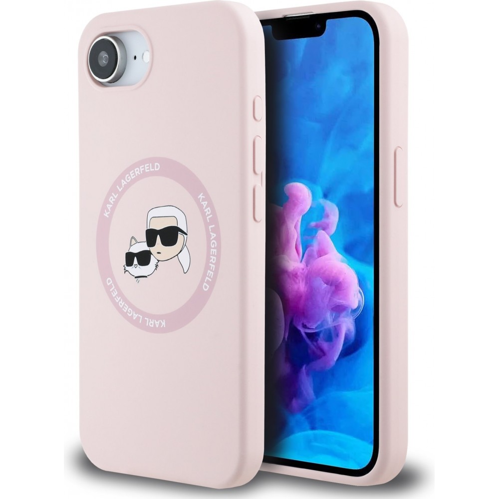 Coque iPhone 16e - Karl Lagerfeld et Choupette silicone Soft Touch avec MagSafe - Rose