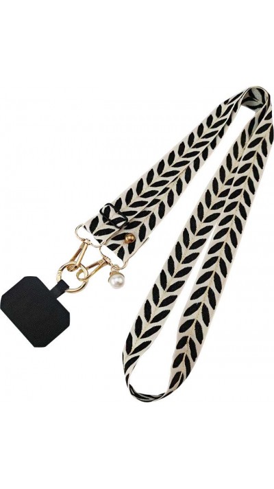 Lanière universelle de téléphone élégante et ajustable en tissu avec fausse perle - Noir