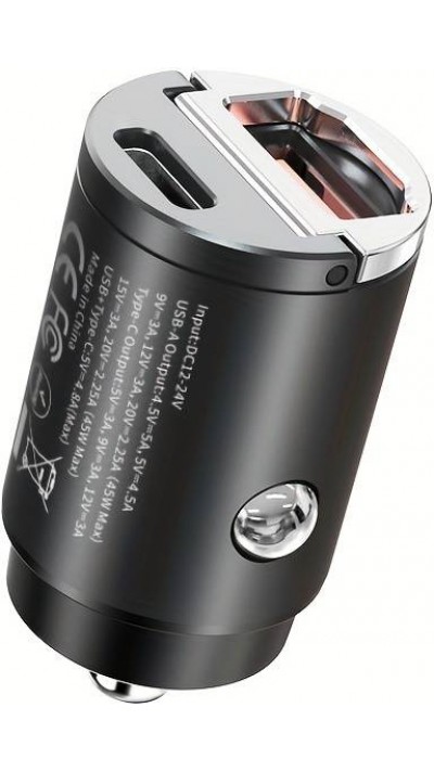 Mini chargeur USB-C et USB-A Premium pour allume-cigar 90W Power Delivery + Quick Charge 3.0 - Noir