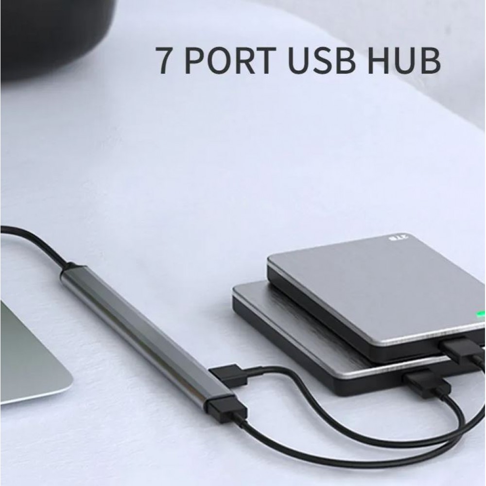 Aluminium Hub USB Multiport mit 7 USB-A Anschlüssen - USB-C 3.0 Adapter für MacBook - Silber